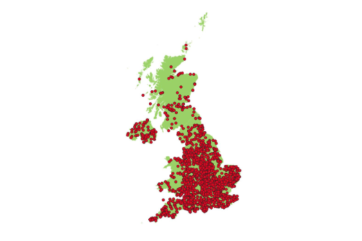 A map of the UK with over 2000 red dots distributed over it