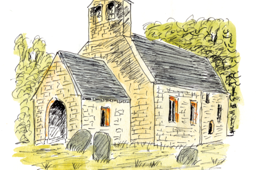 A watercolour of Bettws Newydd St Aeddan Church