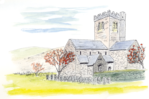 A watercolour of Tywyn St Cadfan Church