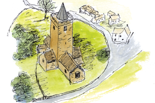 A watercolour of Llanfihangel Y Creuddyn St Michael Church