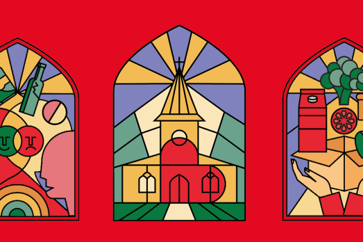 Three graphics in a row on a red background