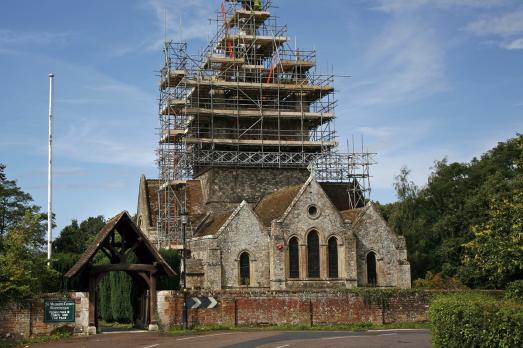 St Mildred's Church undergoing big tower repairs - there is lots of scaffolding around the tower.