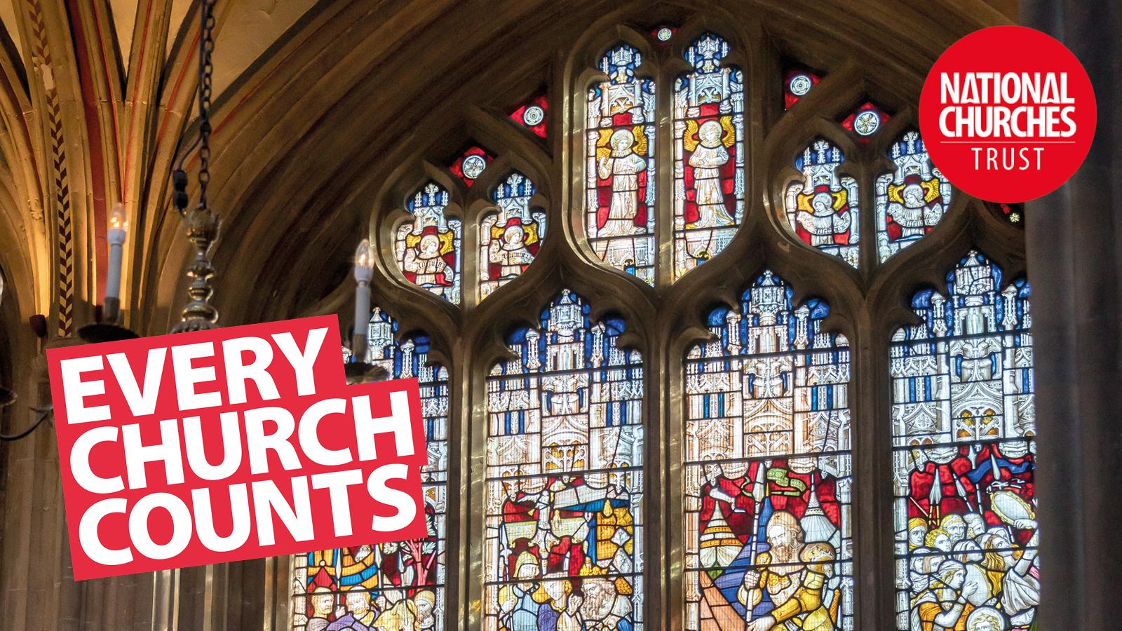 A stained glass window with 'Every Church Counts' and the National Churches Trust logo on top