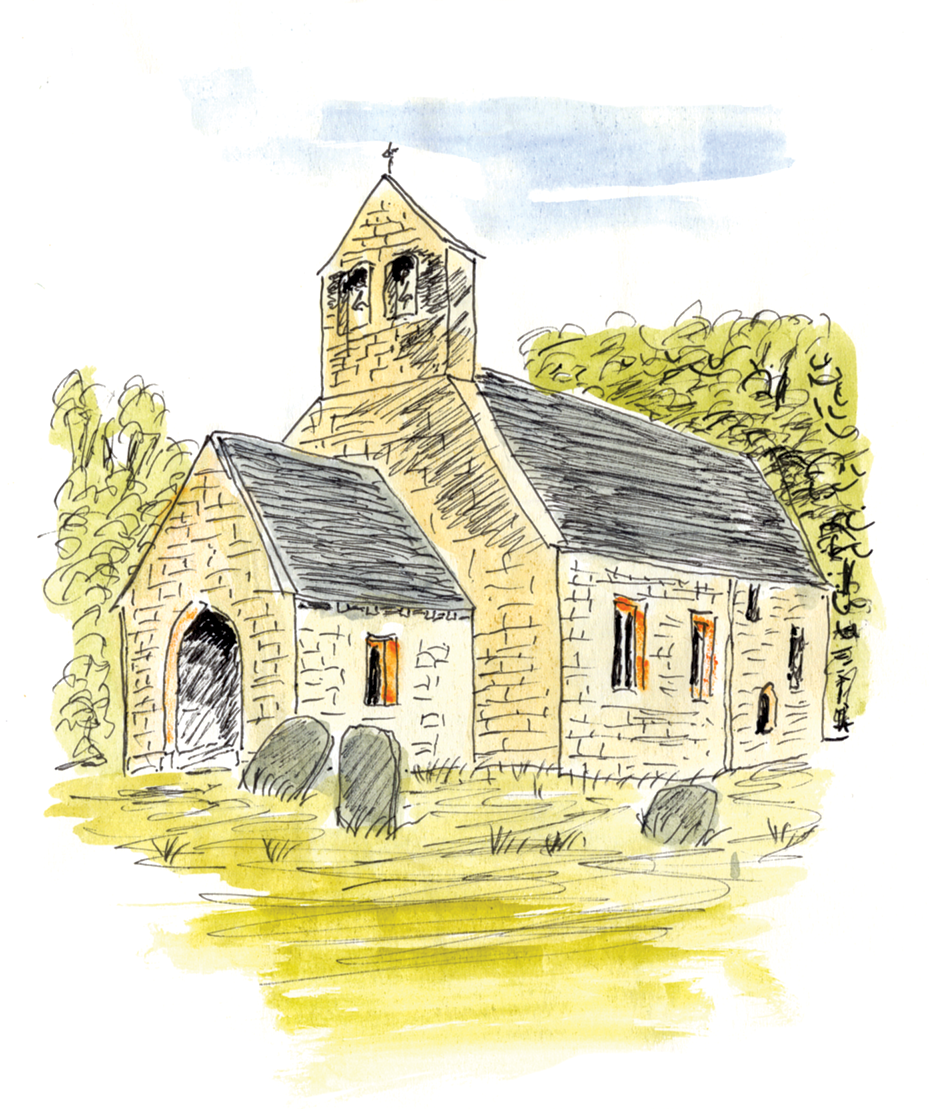 A watercolour of Bettws Newydd St Aeddan Church