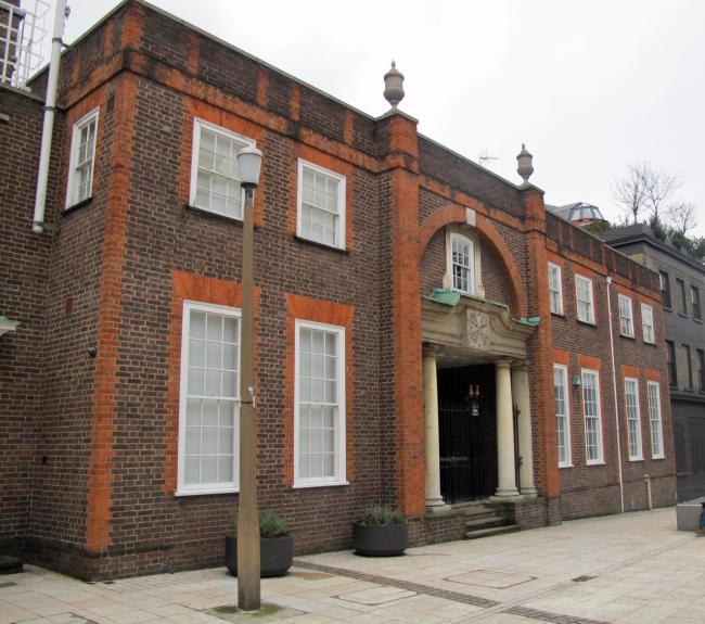 A 1950s brick church pictured from the front