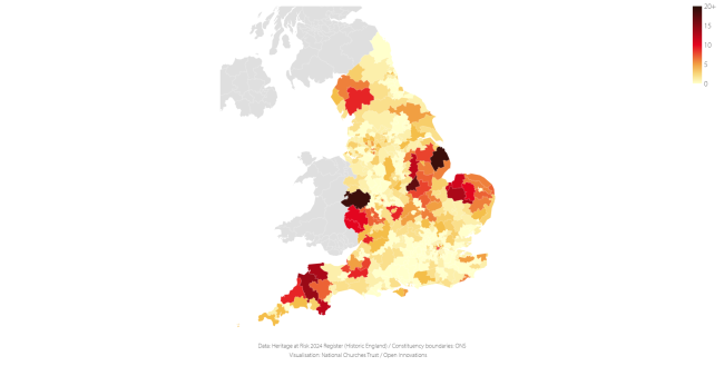 Map showing the heritage at risk danger zones in England